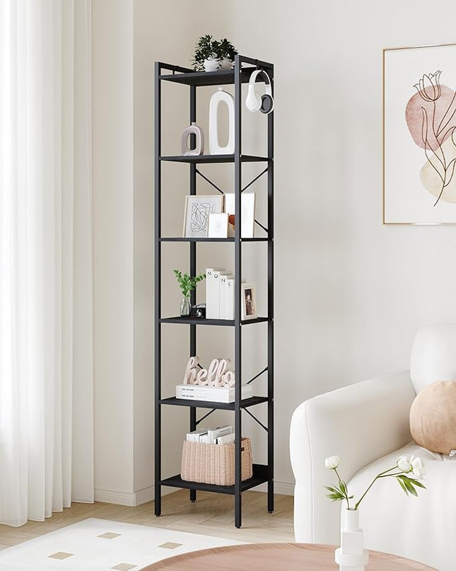 Bookshelf, Book Shelf, Industrial Bookcase with 2 Hooks, Coner Shelf Storage Organizer for Home Office, Living Room, Bedroom, Kitchen, 6-Tier Black BC10704B - LeafyLoom