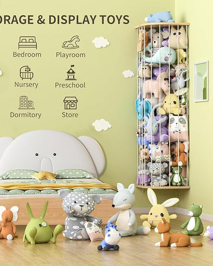 Stuffed Animal Storage for Plushie Toys - Large Wood Corner Hanging Pet Storage with Sky Pattern, Length Adjustable Toy Organizer Shelf for Nursery Play Room Bedroom Kid Room - LeafyLoom