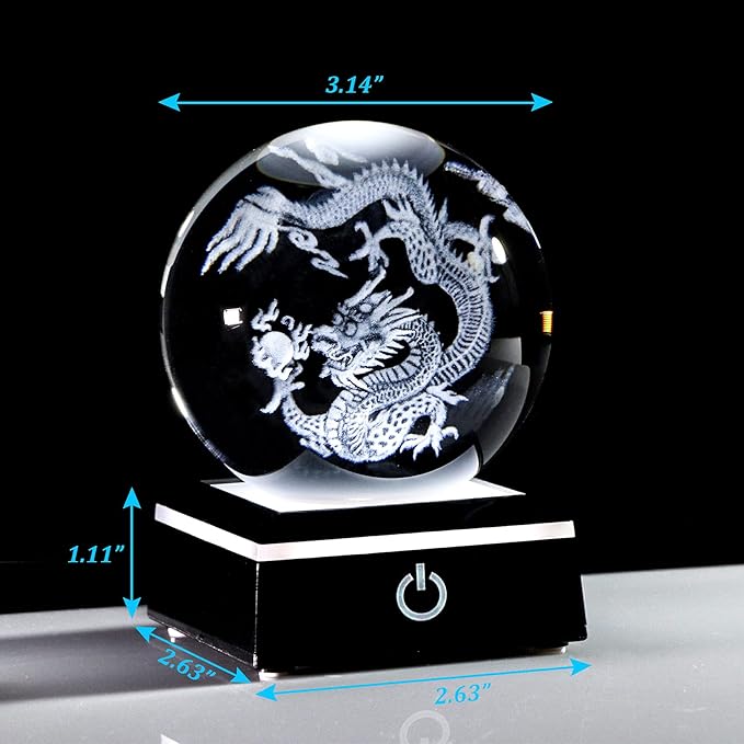 Qianwei Chinese Dragon Decor Gifts, Dragon Statue Figurines Stuff Decorations 3D Laser Etched Halloween Crystal Balls Feng Shui for Witchcraft Paper Weights Glass Decor - LeafyLoom