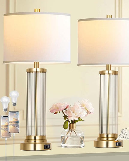 QiMH Touch Control Table Lamp Set of 2 with USB Ports, 3-Way Dimmable Nightstand Lamp with Fabric Cream Shade, Modern Bedside Lamp for Living Room Bedroom Reading, LED Bulbs Included - LeafyLoom