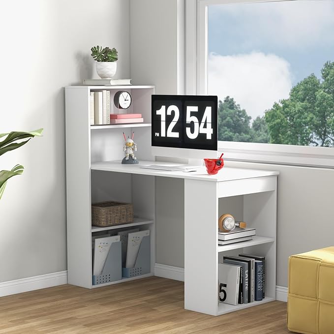 Computer Desk with Shelves, White - LeafyLoom
