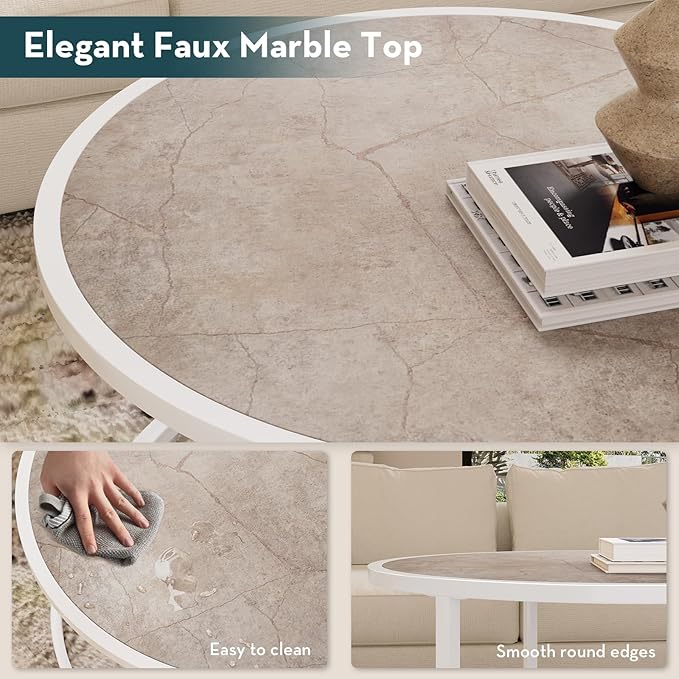 SAYGOER Marble Coffee Table Small Round Center Table Simple Modern Boho for Living Room Home Office, 27.6 * 27.6 * 17.7, Easy Assembly, Cream White Faux Marble - LeafyLoom