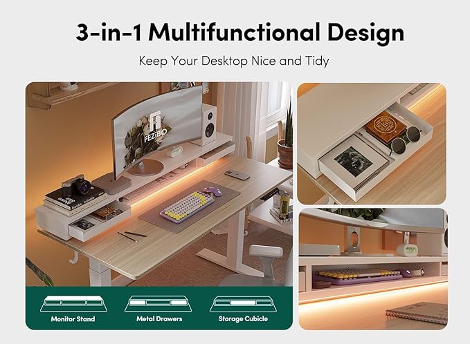 EZIBO 48 * 26 Inch Electric Standing Desk with Monitor Stand, Height Adjustable Table with LED Strips, Ergonomic Home Office Furniture with 2 Drawers Storage Workstation, Light Walnut - LeafyLoom