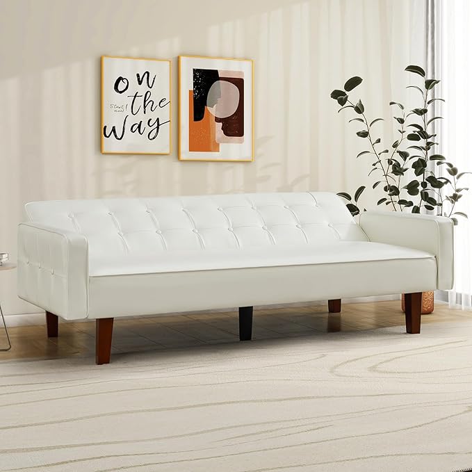 IULULU Futon Sofa Bed, Modern Convertible Faux Leather Sleeper Couch with Armrests for Studio, Office, Apartment, Compact Living, Game Room, Overnight Guests, Retro White - LeafyLoom