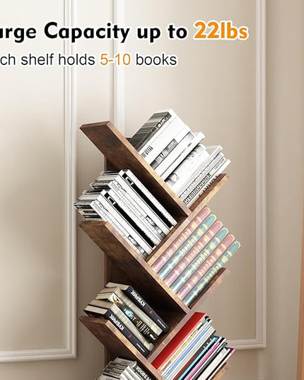 Tree Bookshelf with Storage, 8 Tier Wooden Tall Book Shelf, Floor Standing Bookcase for Kids and Adults, Utility Organizer Shelves for Living Room, Bedroom, Home Office, Brown - LeafyLoom