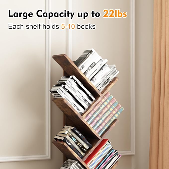 Tree Bookshelf with Storage, 8 Tier Wooden Tall Book Shelf, Floor Standing Bookcase for Kids and Adults, Utility Organizer Shelves for Living Room, Bedroom, Home Office, Brown - LeafyLoom