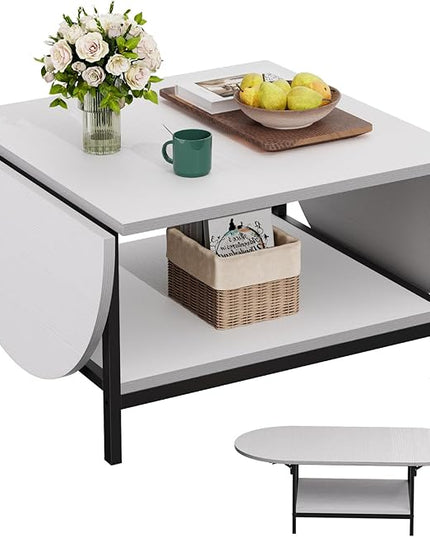 SAYGOER White Coffee Table Modern Extended Coffee Tables with Storage for Living Room 2-Tier Unique Center Table with Two Foldable Panel for Any Large or Small Space, White - LeafyLoom