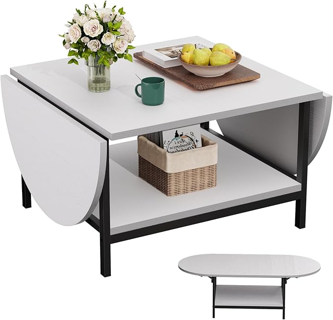SAYGOER White Coffee Table Modern Extended Coffee Tables with Storage for Living Room 2-Tier Unique Center Table with Two Foldable Panel for Any Large or Small Space, White - LeafyLoom