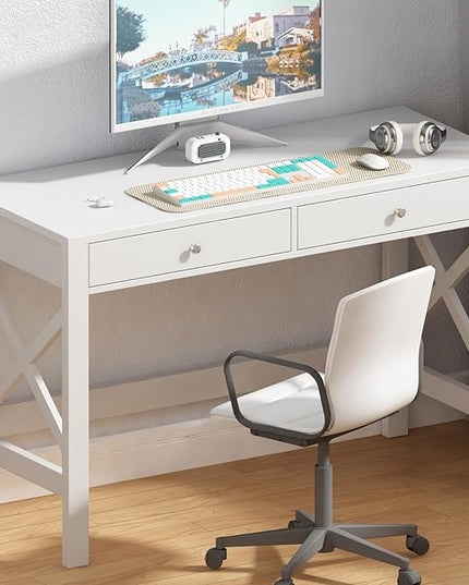ChooChoo Computer Desk Study for Home Office, Modern Simple 40 Inches White Desk with Drawers, Makeup Vanity Console Table - LeafyLoom