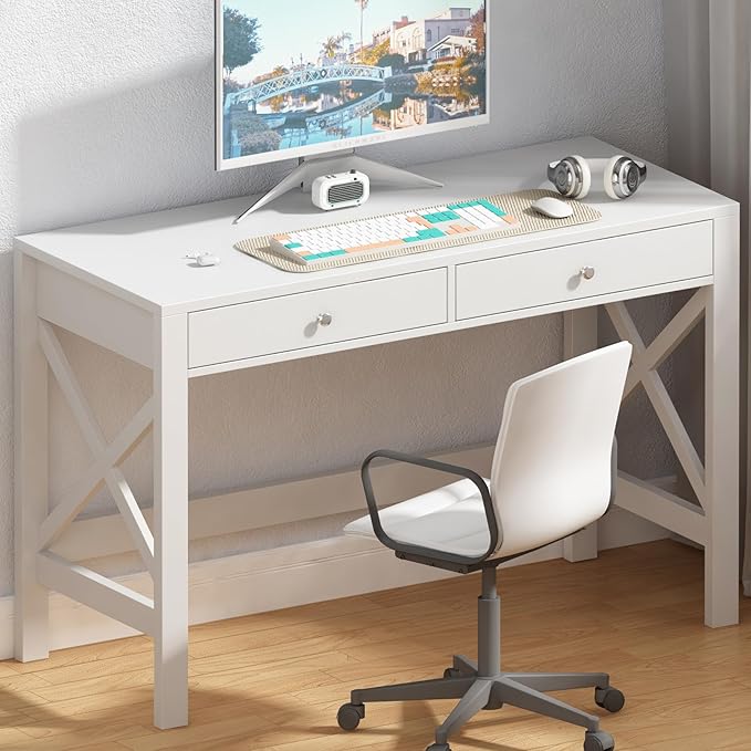 ChooChoo Computer Desk Study for Home Office, Modern Simple 40 Inches White Desk with Drawers, Makeup Vanity Console Table - LeafyLoom