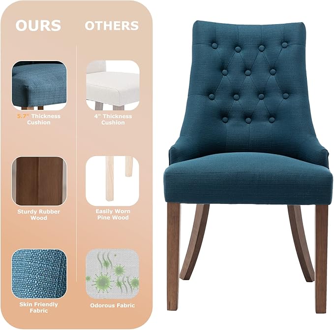 COLAMY Wingback Upholstered Dining Chairs Set of 4, Fabric Side Dining Room Chairs with Tufted Button, Living Room Chairs for Home Kitchen Resturant - Dark Blue - LeafyLoom