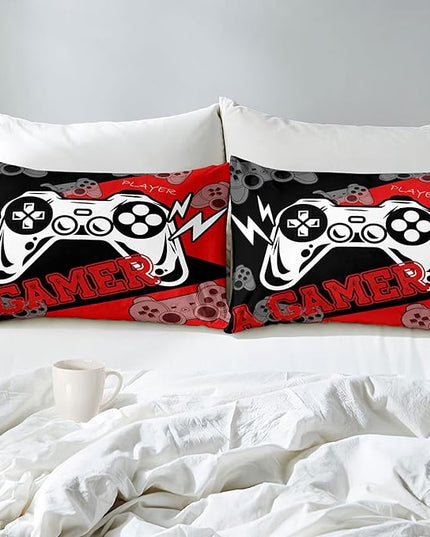 Gaming Comforter Sets for Boys Video Game Full Size Comforter Set for All Seasons Gamer Bedding Sets for Kids Bedroom Black and Red Gamepad Boys Bedding 1 Comforter and 2 Pillowcases - LeafyLoom