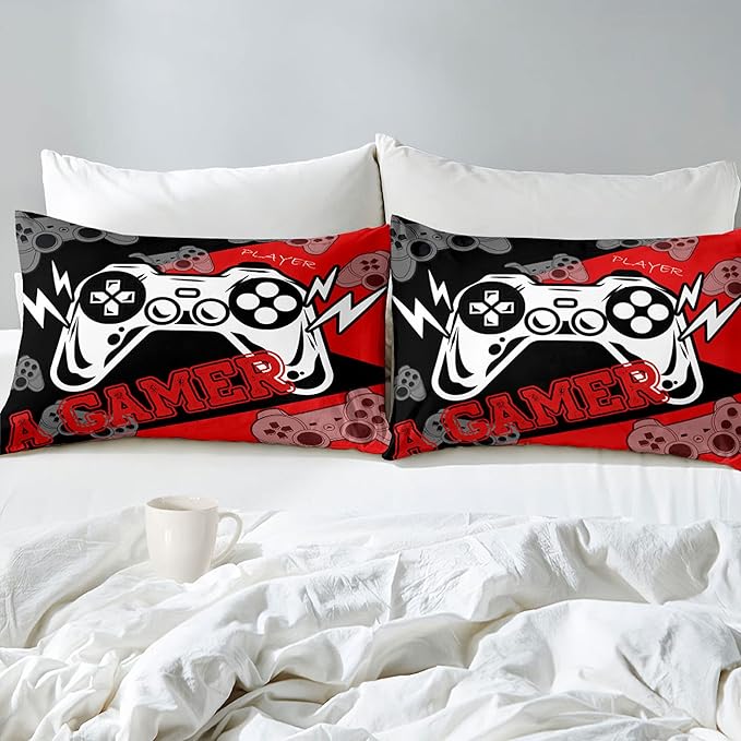 Gamer Bedding Sets for Boys Game Comforters Queen Size for All Seasons Gaming Bedding Sets for Kids Bedroom Decor Black and Red Game Controller Beddings 1 Comforter and 2 Pillowcases - LeafyLoom