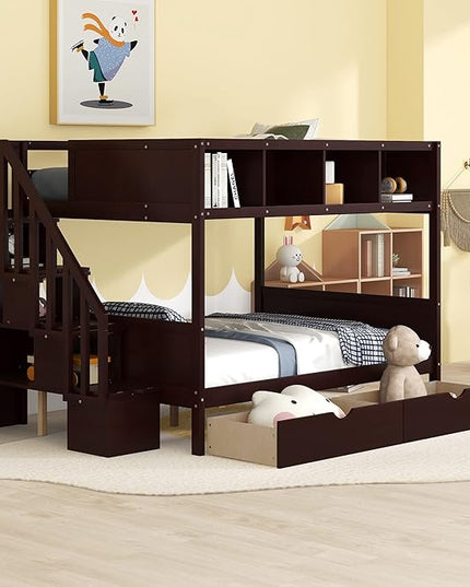 Twin Over Full Bunk Bed with Stairs Storage Function, Shelf and 2 Drawers, Wooden Frame Stairway Bunkbeds for Kids Teens Bedroom, Espresso - LeafyLoom