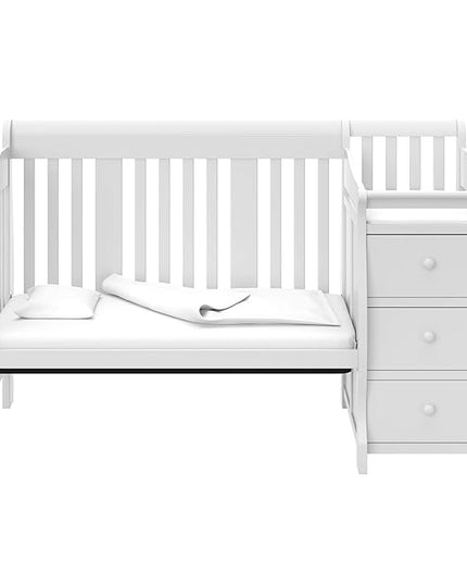 Storkcraft Portofino 5-in-1 Convertible Crib and Changer (White) – Changing-Table Combo with Drawer, Converts to Toddler Bed, Daybed Full-Size Storage Drawer - LeafyLoom