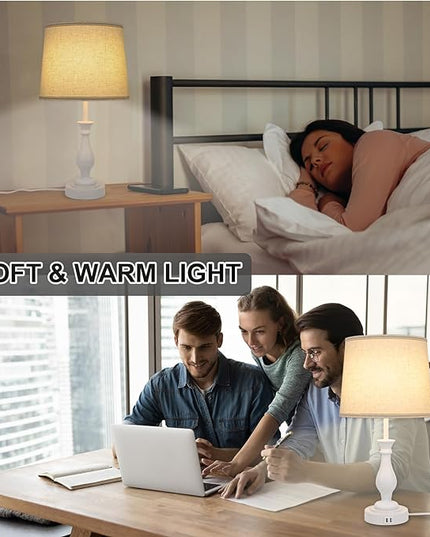 Farmhouse Table Lamp Touch Control 3-Way Dimmable Table Lamp, Modern Nightstand Lamp with 2 USB Port Bedside Desk Lamp with Fabric Shade for Living Room Bedroom Hotel (Pack-01 White) - LeafyLoom