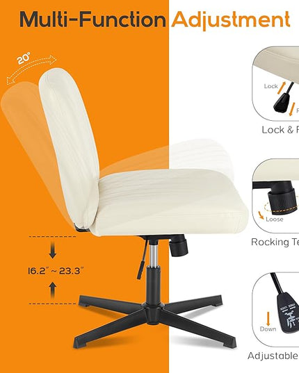 Criss Cross Chair, Cross Legged Office Chair, Wide Comfty Desk Chair, No Wheels Armless Computer Task Chair, Swivel Vanity Home Chair, Height Adjustable - LeafyLoom