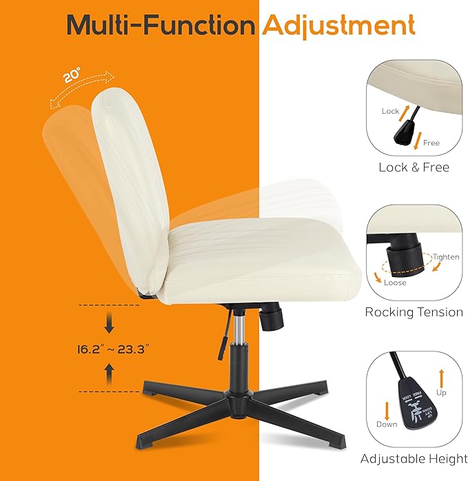 Criss Cross Chair, Cross Legged Office Chair, Wide Comfty Desk Chair, No Wheels Armless Computer Task Chair, Swivel Vanity Home Chair, Height Adjustable - LeafyLoom