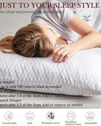 Pillow, Shredded Memory Foam Bed Pillows for Sleeping, with Washable Removable Cooling Hypoallergenic Sleep Pillow for Back and Side Sleeper, King (1-Pack) - LeafyLoom