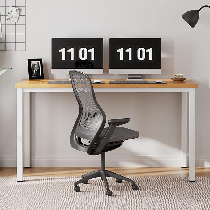 Need 55 Inch Large Computer Desk - Modern Simple Style Home Office Gaming Desk, Basic Writing Table for Study Student, White Metal Frame, Teak - LeafyLoom