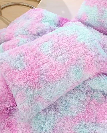 Faux Fur Kids Girls Purple Rainbow Comforter Sets King - 3PC Bed Set Warm Comfortable Soft Plush Flannel Velvet Fluffy Fuzzy Bedding（Comforter x 1 Pillowcases x 2） - LeafyLoom