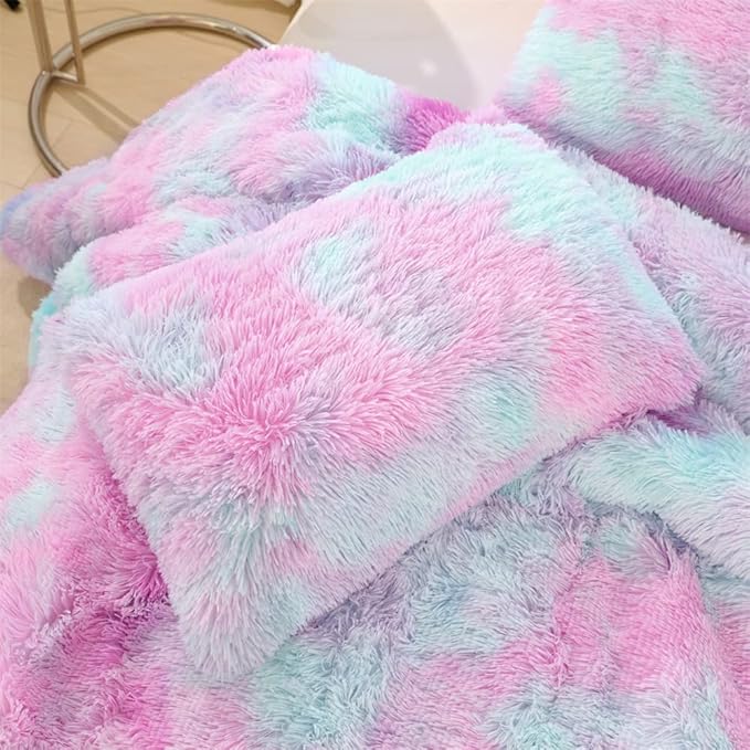 Faux Fur Kids Girls Purple Rainbow Comforter Sets King - 3PC Bed Set Warm Comfortable Soft Plush Flannel Velvet Fluffy Fuzzy Bedding（Comforter x 1 Pillowcases x 2） - LeafyLoom