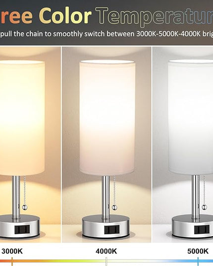 White Silver Bedside Table Lamps Set of 2-3 Color Temperatures Pull Chain Lamp with AC Outlet Charging Port, Two Round Night Stand Lamps for Bedroom, Small Bed Side Light with E26 LED Bulbs - LeafyLoom