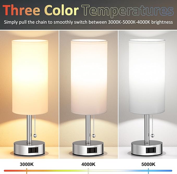 White Silver Bedside Table Lamps Set of 2-3 Color Temperatures Pull Chain Lamp with AC Outlet Charging Port, Two Round Night Stand Lamps for Bedroom, Small Bed Side Light with E26 LED Bulbs - LeafyLoom