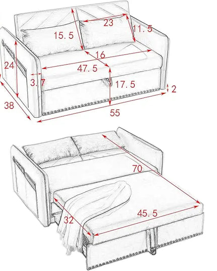 3 in 1 Multifunctional Pull Out Sofa Bed, Convertible Sleeper Couch Futon Loveseat with Reclining Backrest USB Ports and Side Pockets, Adjustable Chaise Lounge Pullout Sofabed for Living Room - LeafyLoom