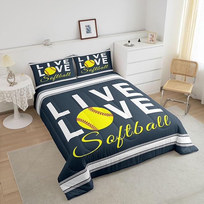 Kids Softball Comforter Set Full Size Softball Gaming Bedding Set for Boys Girls Teens Bedroom Decor Sports Theme Comforter Women Men Baseball Gaming Duvet Set with 2 Pillow Case - LeafyLoom