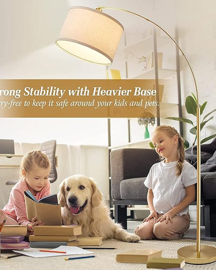 Arc Floor Lamps for Living Room, Gold Modern Floor Lamp, Tall Pole Lamp with Foot Switch, Adjustable Hanging Drum Shade, Over Couch Arched Reading Light for Bedroom, Office, LED Bulb Not Include - LeafyLoom
