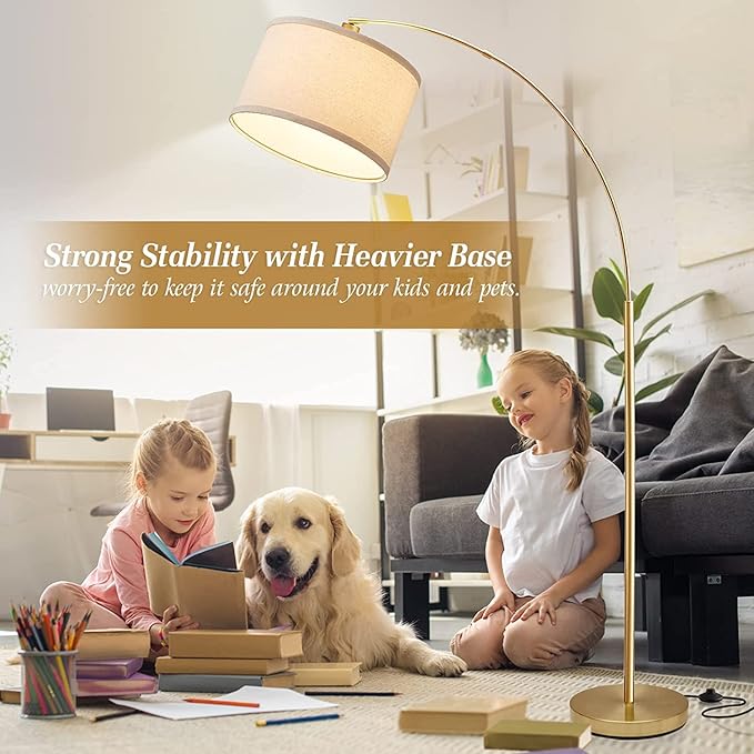 Arc Floor Lamps for Living Room, Gold Modern Floor Lamp, Tall Pole Lamp with Foot Switch, Adjustable Hanging Drum Shade, Over Couch Arched Reading Light for Bedroom, Office, LED Bulb Not Include - LeafyLoom