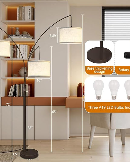 Arc Floor Lamps for Living Room,Modern Mid Century Tall Standing Floor Lamp with Heavy Base for Bedroom Office,3-Light Floor Lamp with Adjustable Hanging and 3 LED Bulbs (Brown+Beige Shade) - LeafyLoom