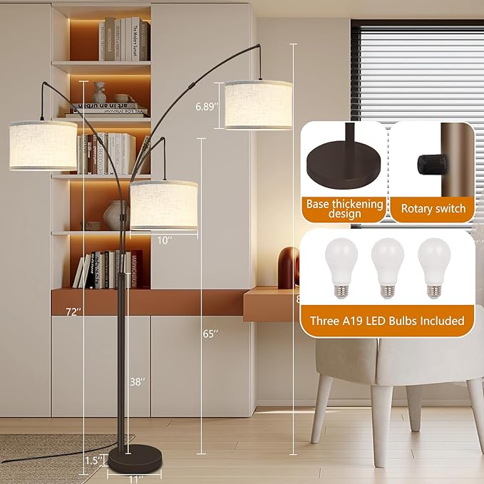 Arc Floor Lamps for Living Room,Modern Mid Century Tall Standing Floor Lamp with Heavy Base for Bedroom Office,3-Light Floor Lamp with Adjustable Hanging and 3 LED Bulbs (Brown+Beige Shade) - LeafyLoom