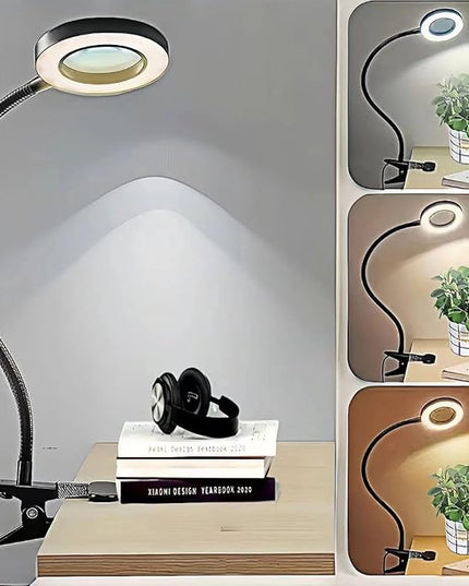 Magnifying Glass with Light 10X, Clip on Desk Lamp,Craft Lamp Adjustable Lighted Magnifying Glass with stand Portable Eye LED Lamp 3 Colors Dimmable for Reading Crafts Workbench (Black) - LeafyLoom