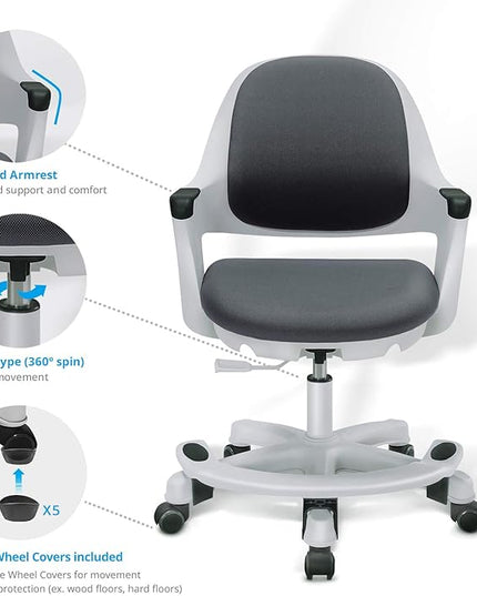 Kids Desk Chair: Ergonomic Kids Computer Chair | Adjustable Kids Office Chair with Wheels & Arms | Study Chair for Girls and Boys - Kids Chair Desk with Wheel Covers (Cyber Gray) - LeafyLoom