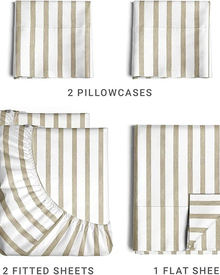 Split King Size 5 Piece Sheet Set - Comfy Breathable & Cooling Sheets - Hotel Luxury Bed Sheets for Women & Men - Deep Pockets, Easy-Fit, Soft & Wrinkle Free Sheets - Beige Stripes Oeko-Tex Bed Sheets - LeafyLoom