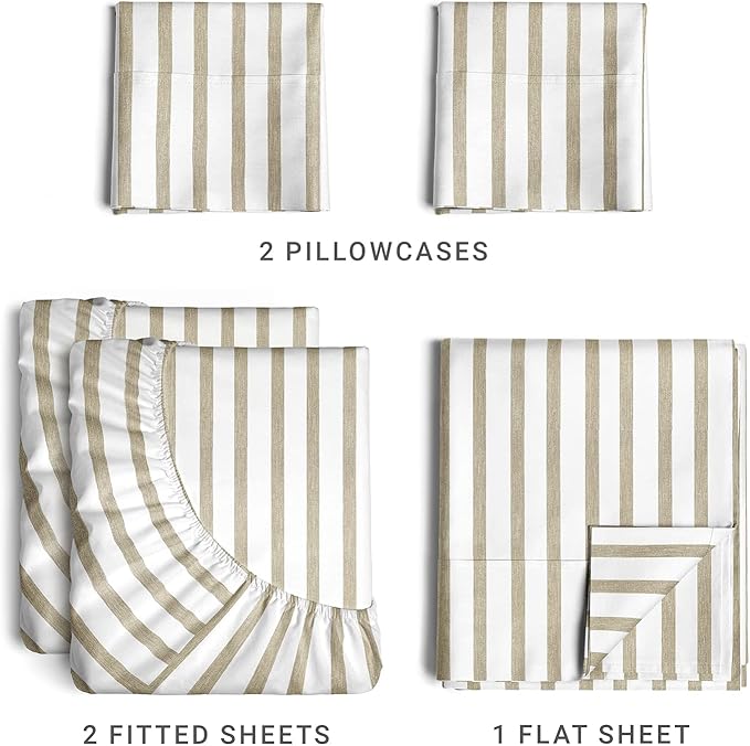 Split King Size 5 Piece Sheet Set - Comfy Breathable & Cooling Sheets - Hotel Luxury Bed Sheets for Women & Men - Deep Pockets, Easy-Fit, Soft & Wrinkle Free Sheets - Beige Stripes Oeko-Tex Bed Sheets - LeafyLoom