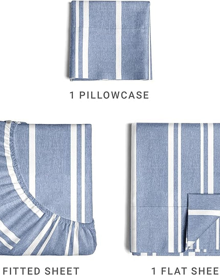 Twin Size 3 Piece Sheet Set - Comfy Breathable & Cooling Sheets - Hotel Luxury Bed Sheets for Women & Men - Deep Pockets, Easy-Fit, Soft & Wrinkle Free Sheets - Blue Stripes Oeko-Tex Bed Sheet Set - LeafyLoom