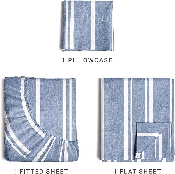 Twin Size 3 Piece Sheet Set - Comfy Breathable & Cooling Sheets - Hotel Luxury Bed Sheets for Women & Men - Deep Pockets, Easy-Fit, Soft & Wrinkle Free Sheets - Blue Stripes Oeko-Tex Bed Sheet Set - LeafyLoom