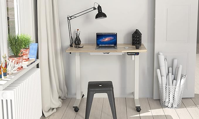 SHW Electric Height Adjustable Mobile Rolling Standing Desk Workstation, 40 x 24 Inches, Maple - LeafyLoom