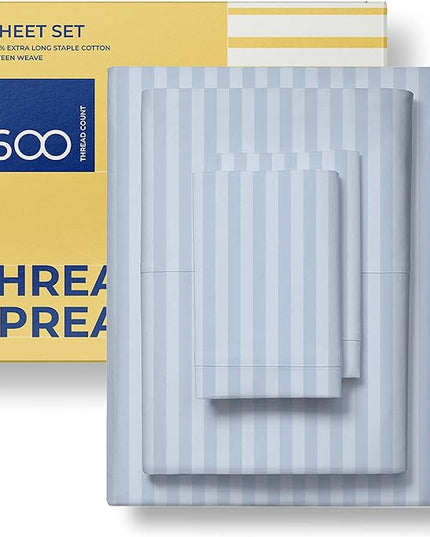 THREAD SPREAD Luxury Egyptian Cotton King Stripe Sheet Set, 600 Thread Count Extra Long Staple 4 PC Set, King Damask Sheets, Soft, Cooling Sateen Weave Sheets Upto 18" Deep Pocket - Light Blue - LeafyLoom