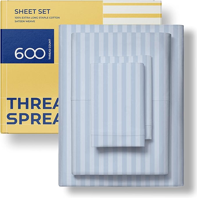 THREAD SPREAD Luxury Egyptian Cotton King Stripe Sheet Set, 600 Thread Count Extra Long Staple 4 PC Set, King Damask Sheets, Soft, Cooling Sateen Weave Sheets Upto 18" Deep Pocket - Light Blue - LeafyLoom