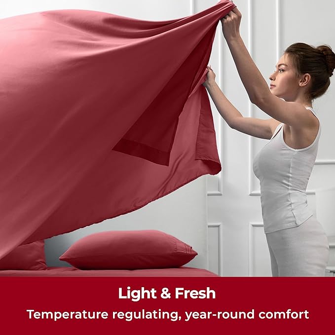 Mellanni Full Sheets Set - 4 PC Iconic Collection Bedding Sheets & Pillowcases - Hotel Luxury, Extra Soft, Cooling Bed Sheets - Deep Pocket up to 16 inch (Full, Brick Red) - LeafyLoom