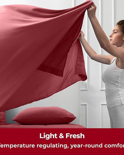 Mellanni California King Sheets Set - 4 PC Iconic Collection Bedding Sheets & Pillowcases - Hotel Luxury, Extra Soft, Cooling Bed Sheets - Deep Pocket up to 16 inch (Cal King, Brick Red) - LeafyLoom