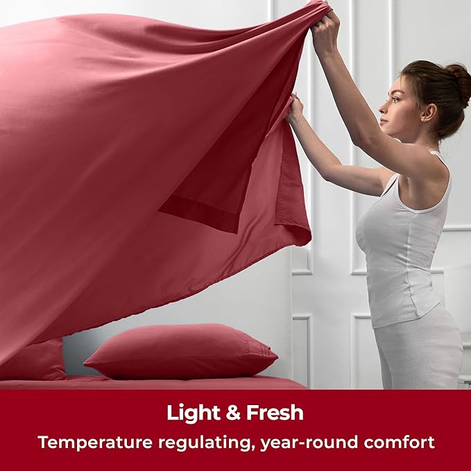 Mellanni California King Sheets Set - 4 PC Iconic Collection Bedding Sheets & Pillowcases - Hotel Luxury, Extra Soft, Cooling Bed Sheets - Deep Pocket up to 16 inch (Cal King, Brick Red) - LeafyLoom