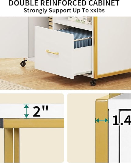 YITAHOME Wood File Cabinet with Charging Station, Rolling Filing Cabinet Cart with Door, Industrial Nightstand with Printer Shelf for Home Office, Bedroom, Living Room, Entryway, Gold and White - LeafyLoom