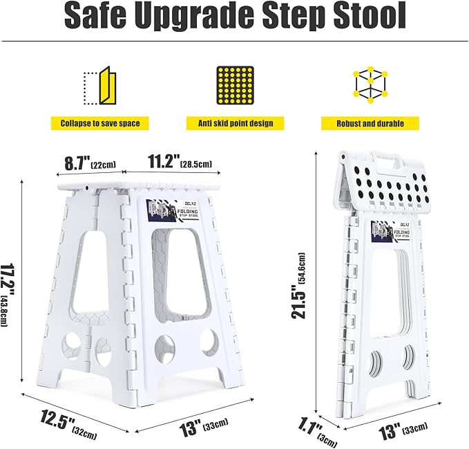 Delxo 17.5 Inch Folding Step Stool, Heavy Duty Foldable Stool for Adults,Premium Portable Collapsible Plastic Step Stool,Non Slip Folding Stools for Kitchen Bathroom Bedroom Up to 400LBS,(White 1PC) - LeafyLoom