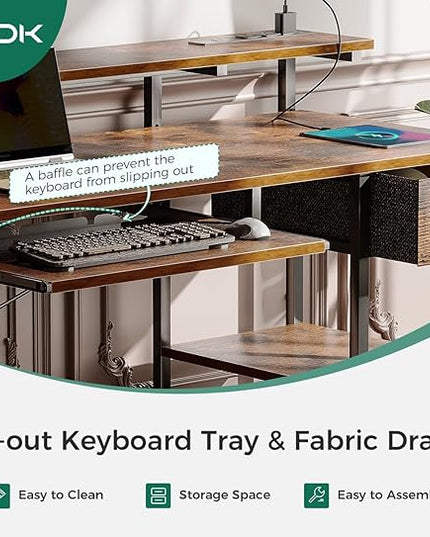 AODK Computer Desk with Keyboard Tray, 55 Inch Office Desk with Power Outlet, Work Desk with Drawer, Reversible Desk with Adjustable Monitor Shelf and Storage Shelf for Home, Rustic Brown - LeafyLoom