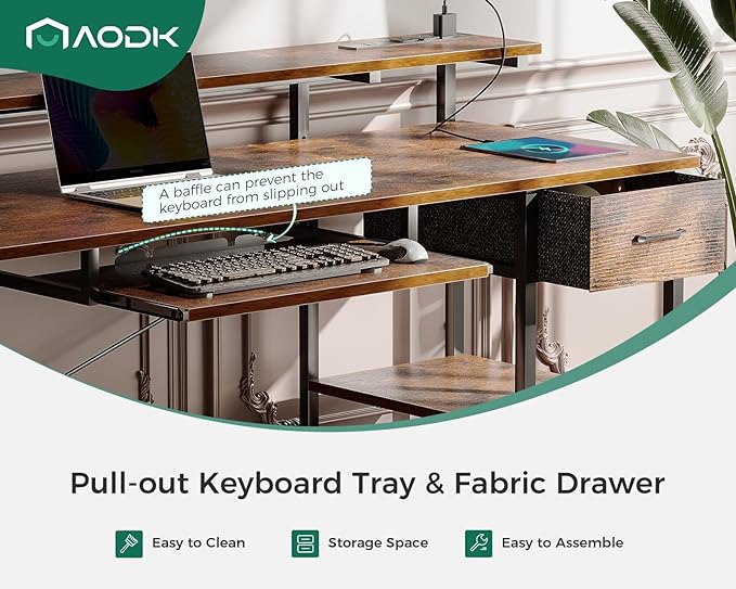 AODK Computer Desk with Keyboard Tray, 55 Inch Office Desk with Power Outlet, Work Desk with Drawer, Reversible Desk with Adjustable Monitor Shelf and Storage Shelf for Home, Rustic Brown - LeafyLoom